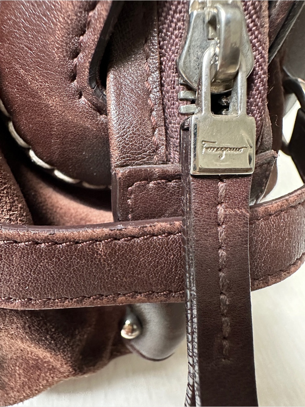 Vtg Salvatore Ferragamo Chocolate Suede & Leather Handbag Shoulder Bag Dome Bag - Picture 8 of 16